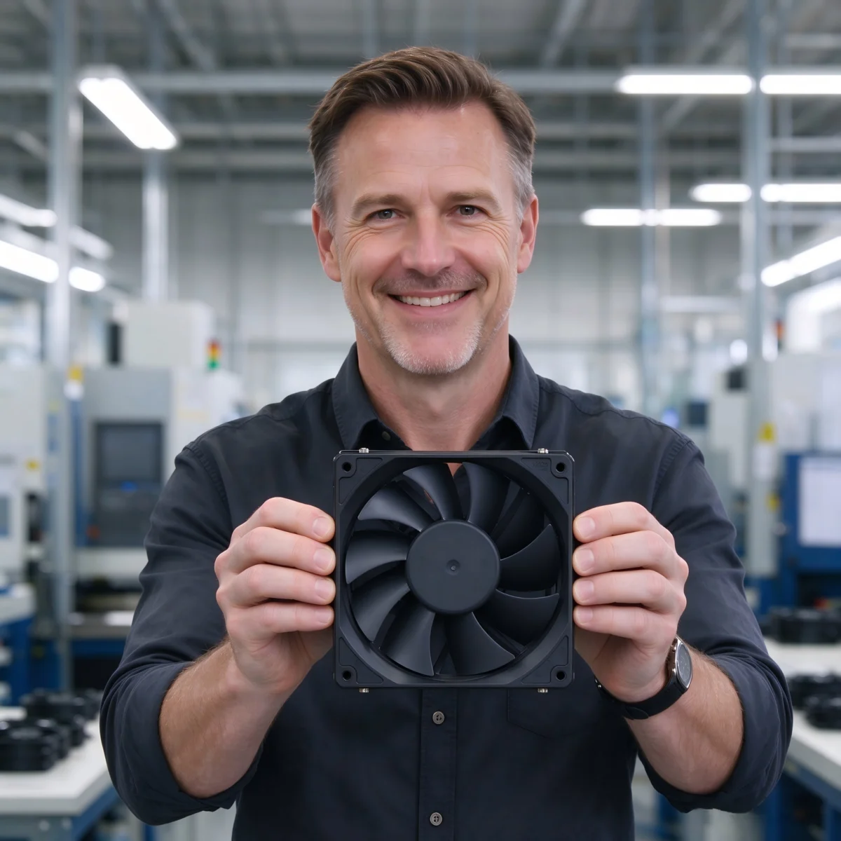 Cooling fan engineer holding a JyFan axial fan