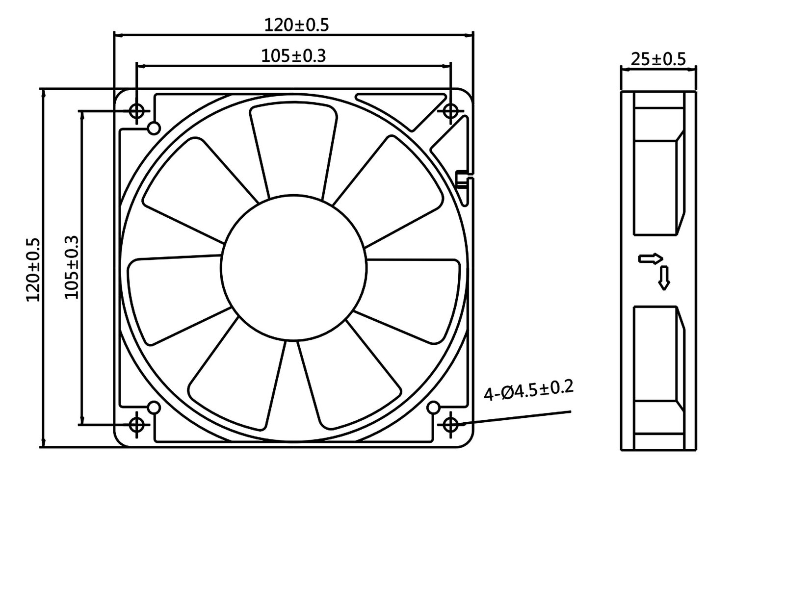 JE12025EC mechanical dimension drawing with mounting holes and tolerances
