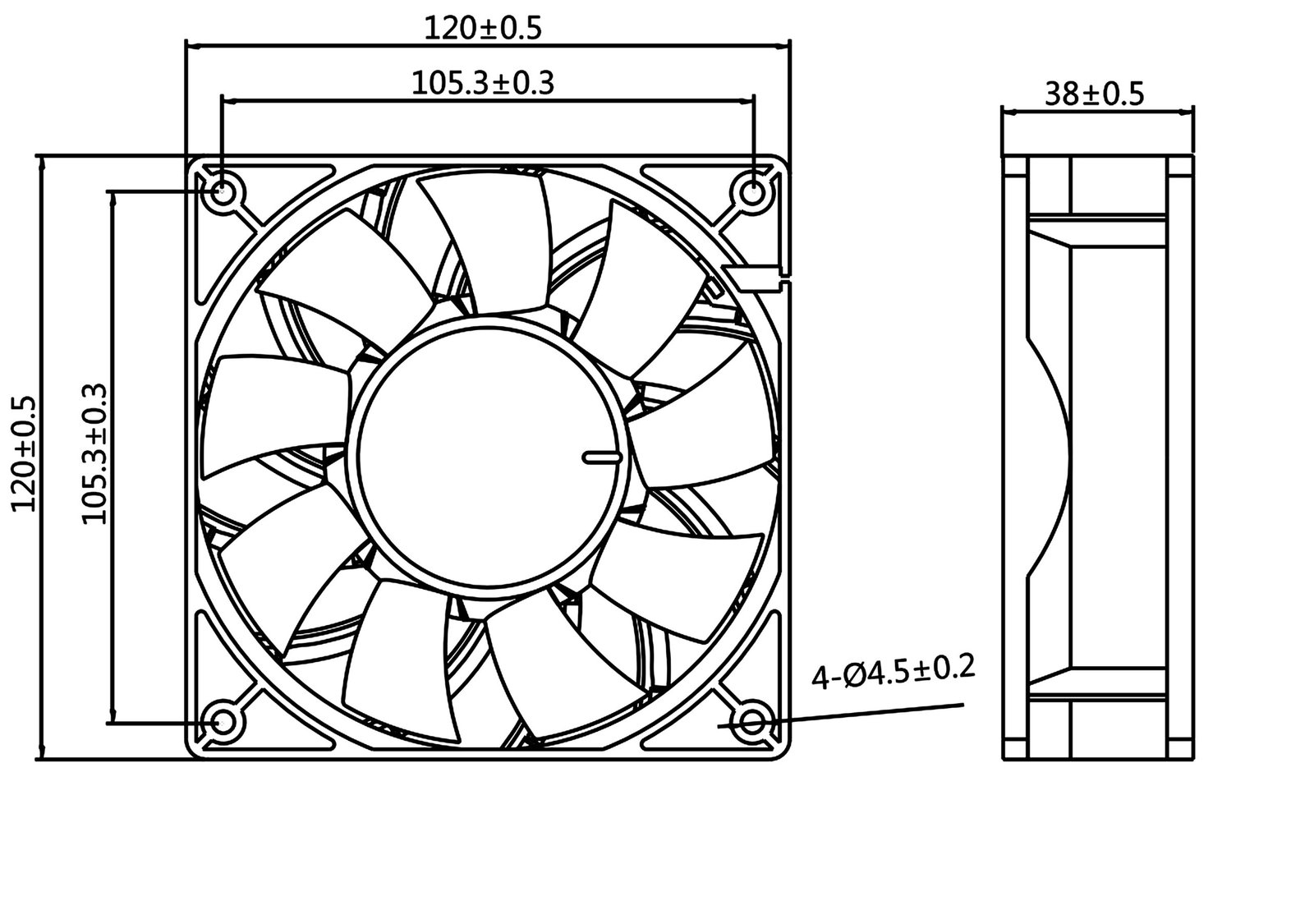 JE12038EC mechanical dimension drawing with mounting holes and tolerances