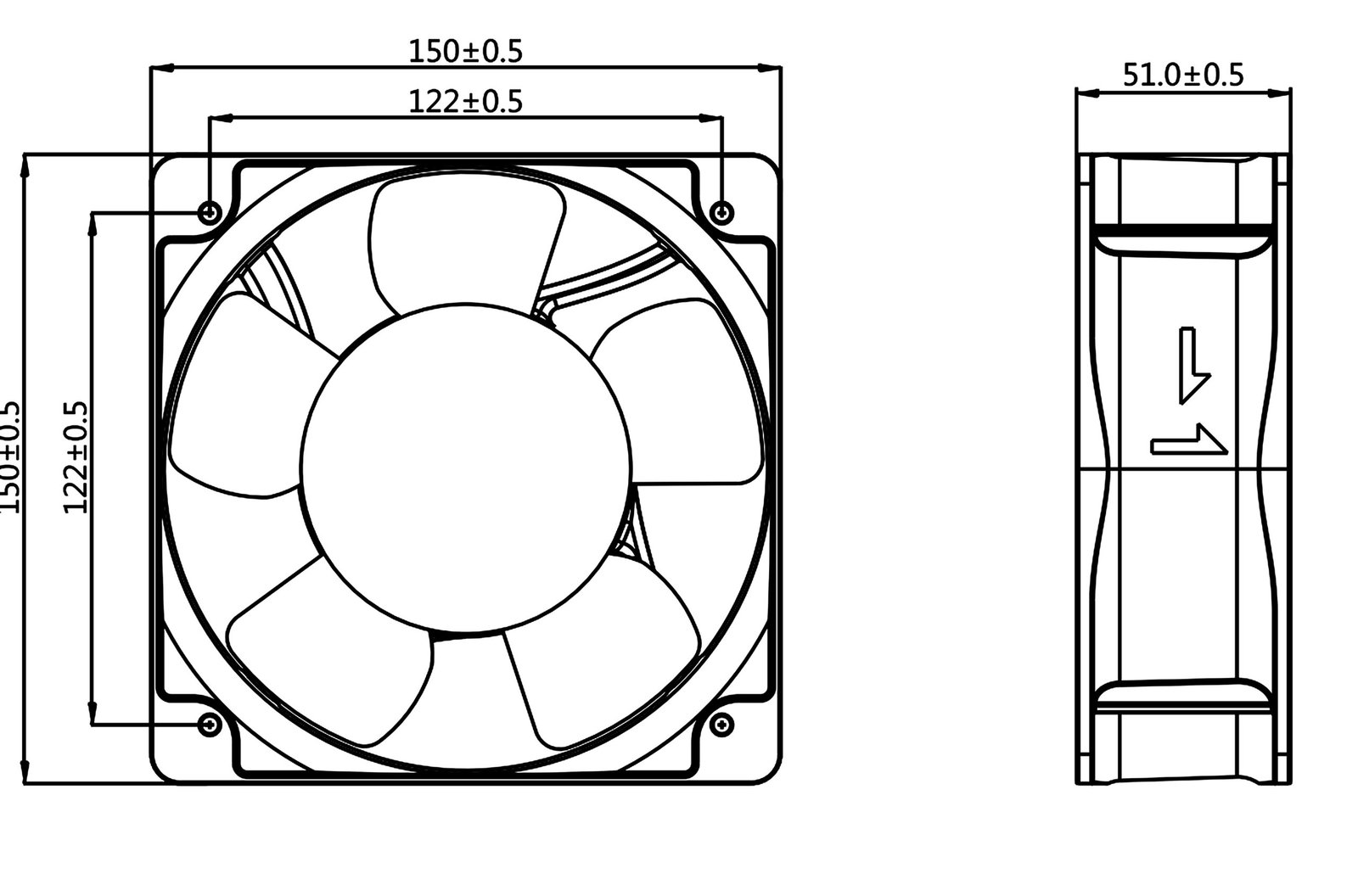JE15050EC mechanical drawing with dimensions and mounting positions