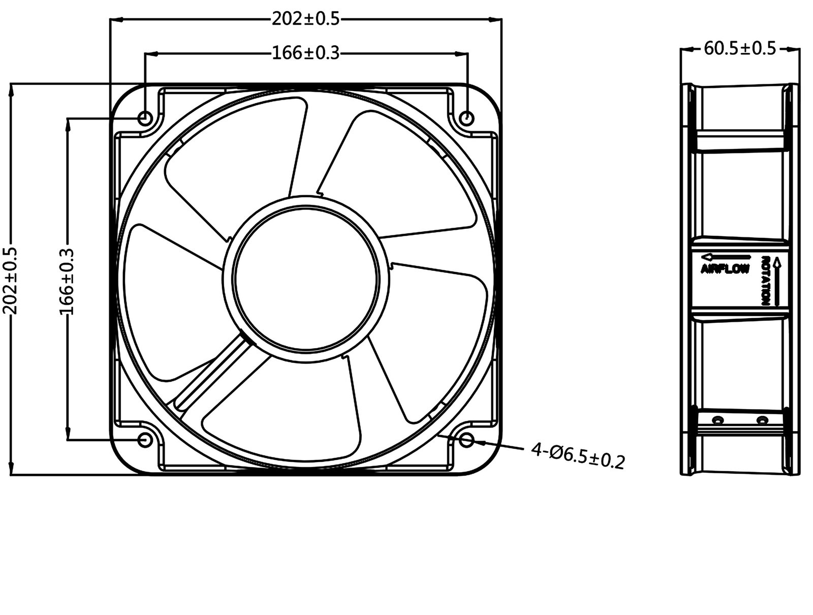 JE20060EC mechanical drawing with dimensions and mounting positions
