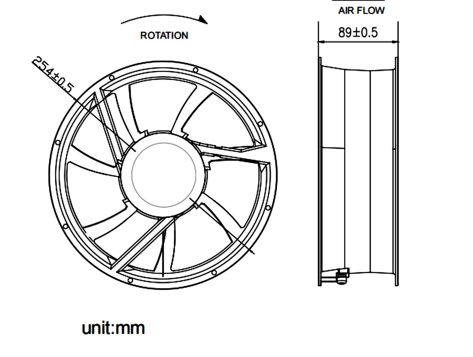 JE25489EC mechanical drawing with dimensions and mounting positions