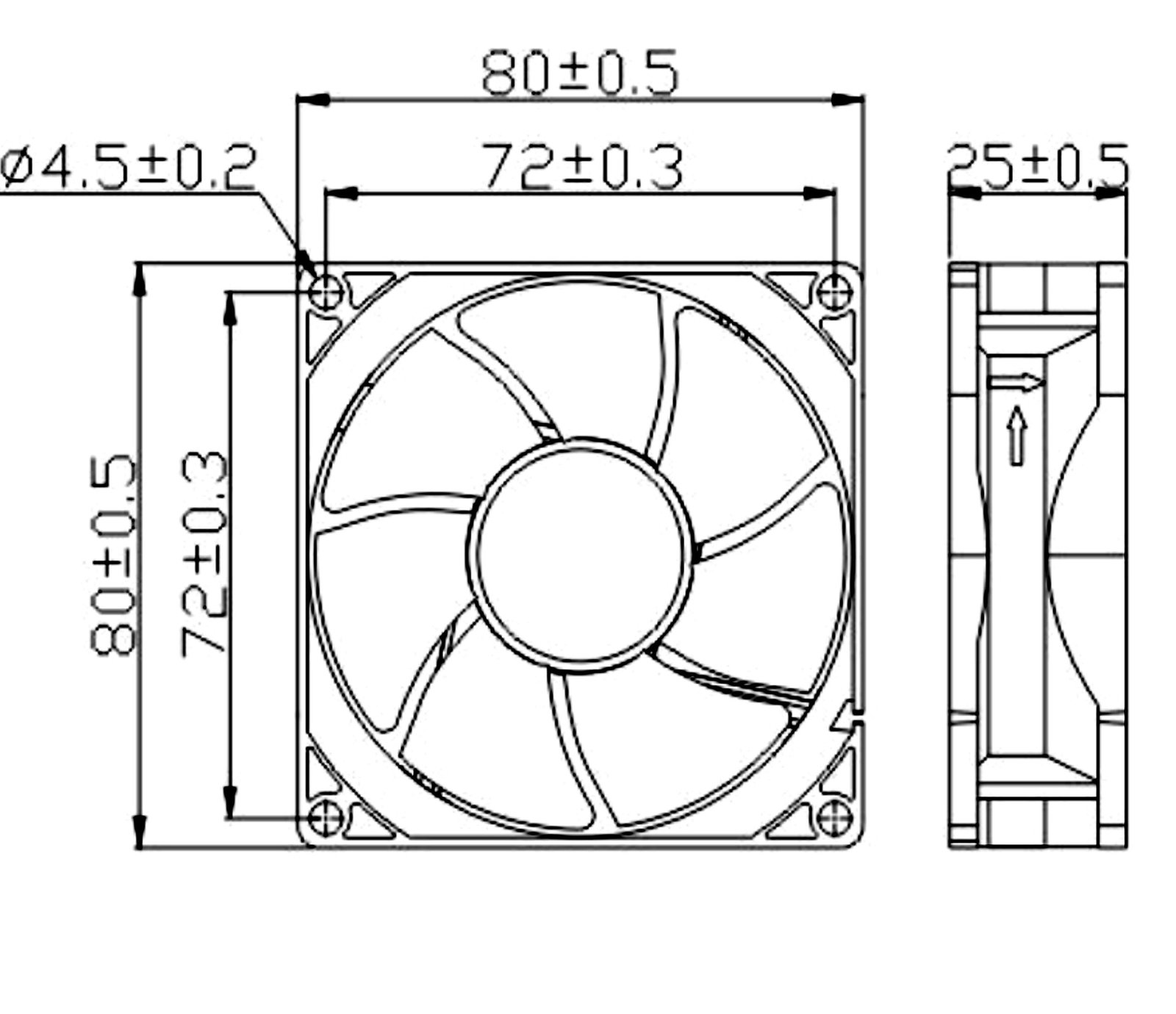 JE8025EC mechanical dimension drawing with mounting holes and tolerances