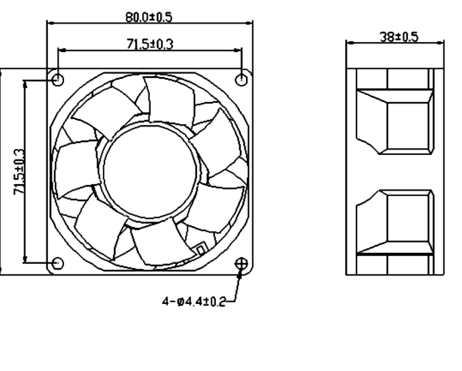 JE8038EC mechanical dimension drawing with mounting holes and tolerances