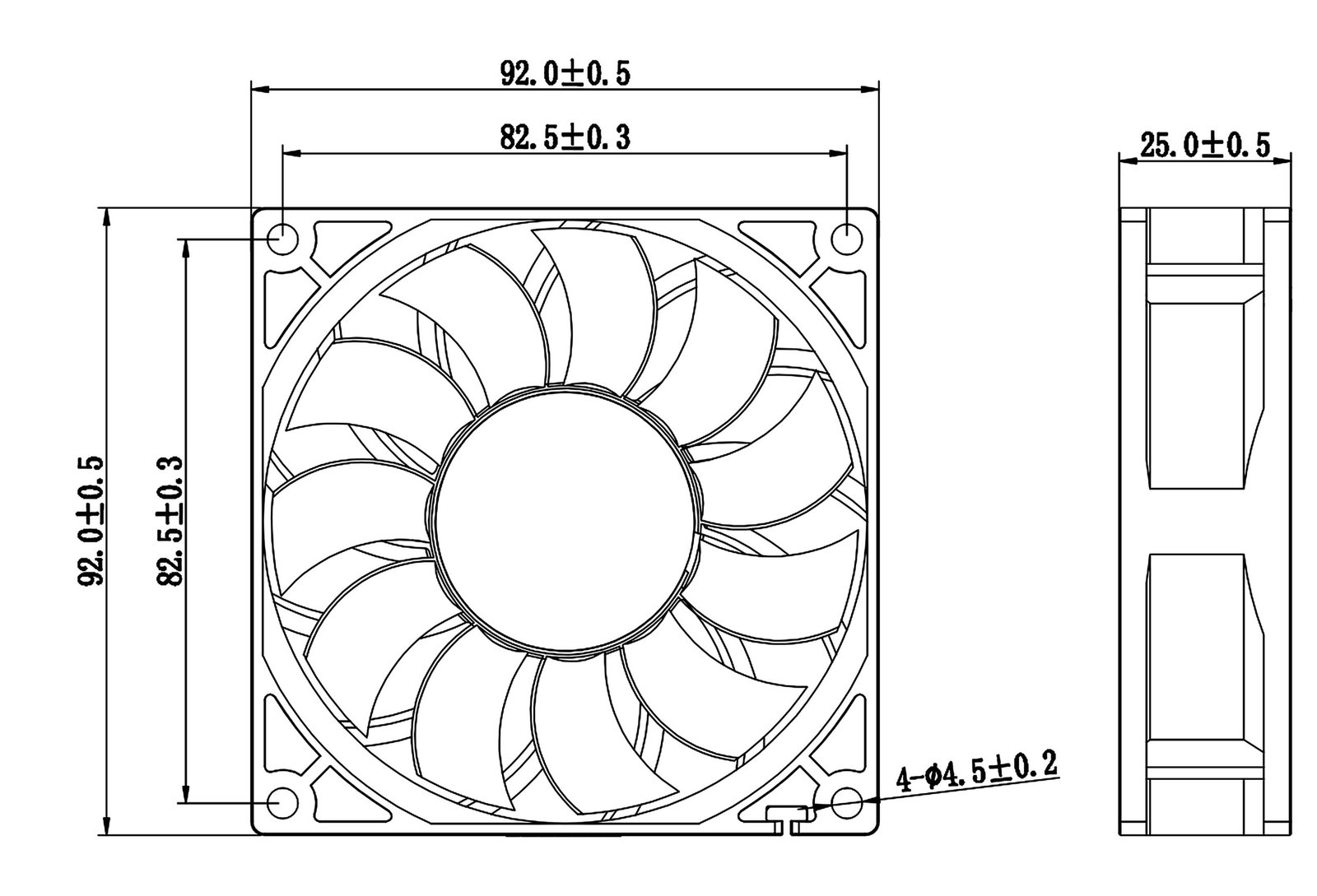 JE9225EC mechanical dimension drawing with mounting holes and tolerances