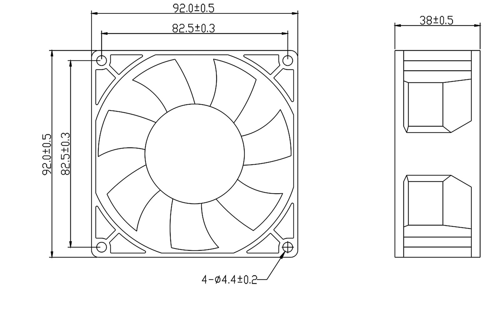 JE9238EC mechanical dimension drawing with mounting holes and tolerances